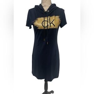 Calvin Klein Gold and Blue Mini Hooded Dress Casual Crew Neck EUC SZ Small